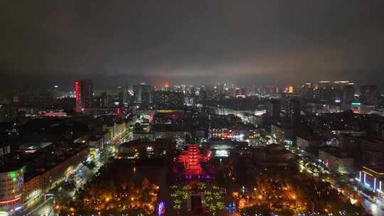 甘肃张掖中心广场张掖木塔寺夜景航拍