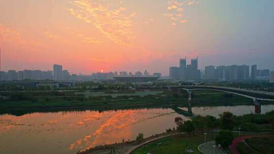 长沙高铁南站全景 武广新城夕阳晚霞航拍