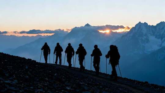 登山者在雪山徒步的场景