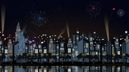 卡通剪影晚上城市烟花动画背景视频素材