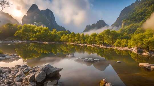 山林云雾缭绕间的静谧湖水风光