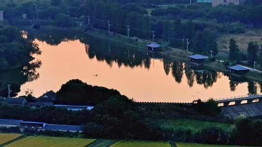 航拍平原夕阳落日房屋风力发电晚霞鸟类视频素材模板下载