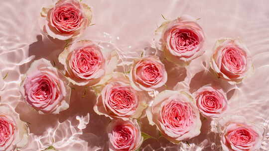 粉红色的玫瑰花在水面和波浪在粉红色的背景
