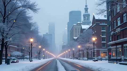 城市建筑唯美雪景4k舞台粒子活动背景