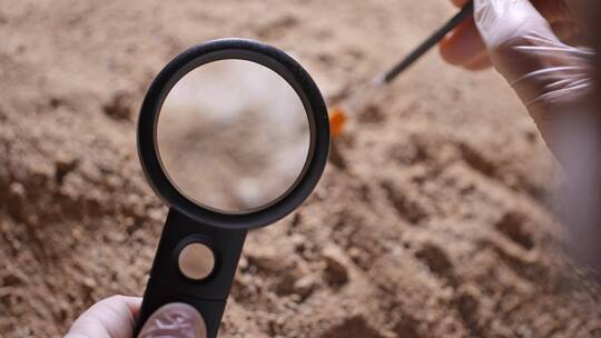 考古发掘人员用刷子和放大镜轻轻扫去沙泥视频素材模板下载