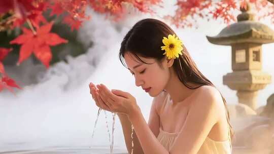 女子在户外温泉处捧水洗脸