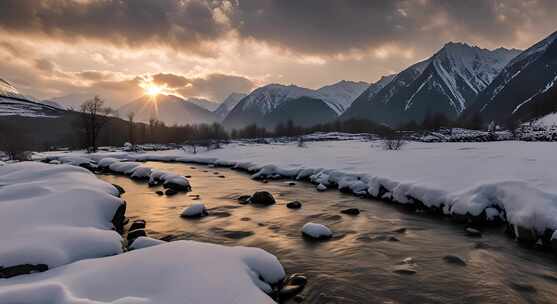 西藏林芝雪山溪流傍晚的阳光