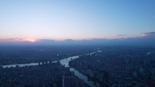 广州珠江岸城市建筑群夕阳晚霞航拍全景