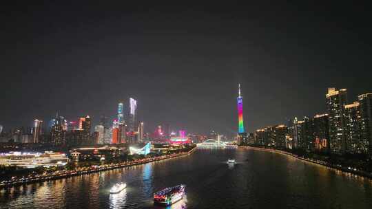 广州珠江夜景航拍广州塔夜晚城市建筑风光