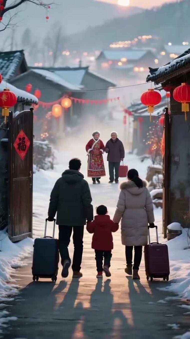 【竖屏】春节春运回家团圆烟花舞狮喜庆素材