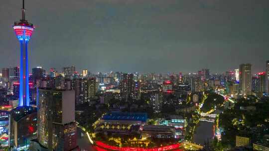 四川成都天府熊猫塔府河夜景航拍延时