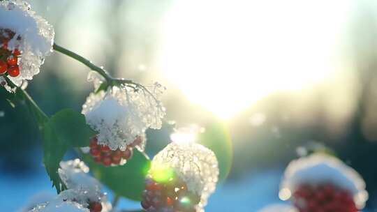 冰雪覆盖浆果的冬日自然风光