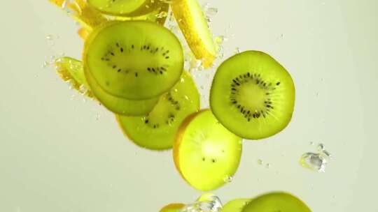 猕猴桃切片落入水中溅起水花的画面