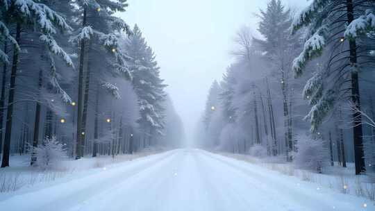 4k冬季雪后林中道路景观舞台背景粒子