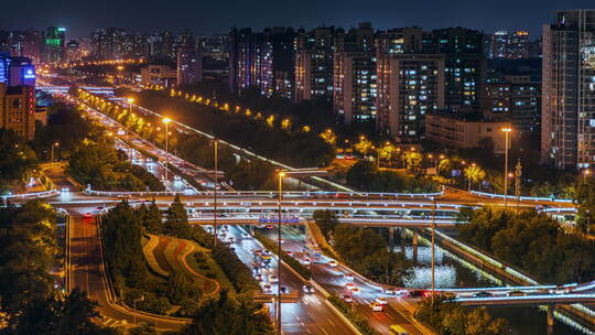 8k_北京夜晚公路立交桥车流北漂通勤车流