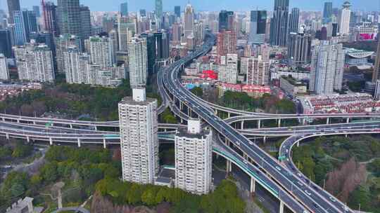 上海黄浦区延安东路立交桥航拍延时城市高楼