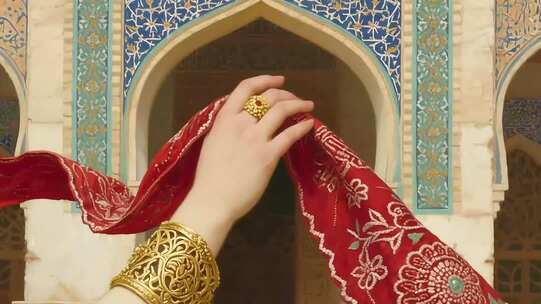 手戴金饰持红布于伊斯兰建筑前