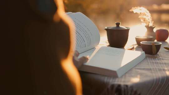 秋景看书喝茶