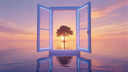 窗户生命树日落黄昏唯美意境概念视频