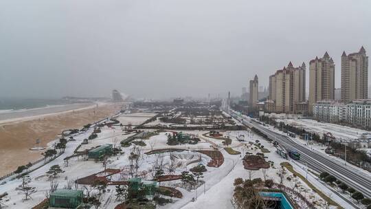 航拍雪后金沙滩