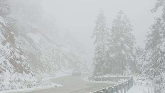 雪地山林间行驶的车辆