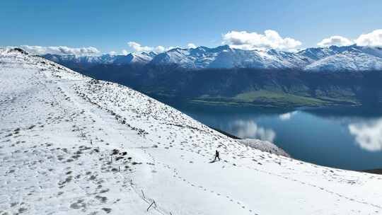 新西兰瓦纳卡湖草原湖泊雪山徒步航拍