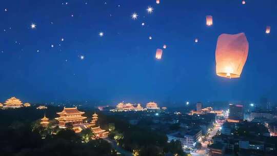 夜空中放飞孔明灯的城市景观