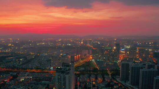 义乌江东梅湖晚霞夜景风光4K航拍