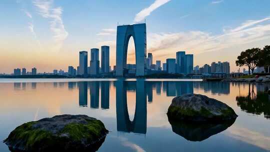 苏州东方之门城市湖景