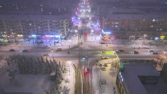 航拍城市雪夜灯光夜景