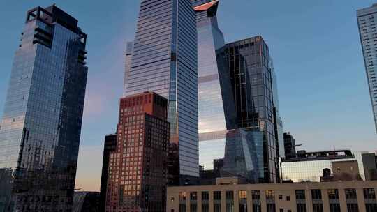 航拍纽约曼哈顿哈德逊广场摩天大楼日出日落