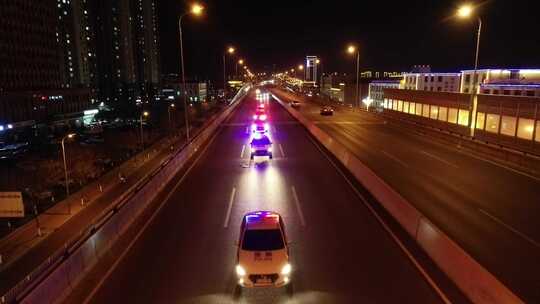 夜晚警车巡逻  110出警  警车车队