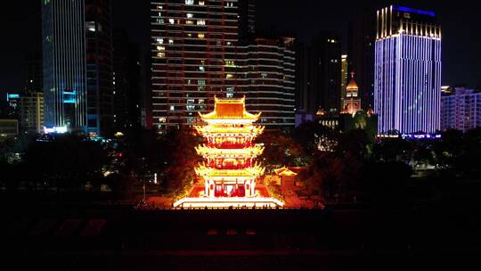 城市航拍湖北宜昌镇江阁夜景