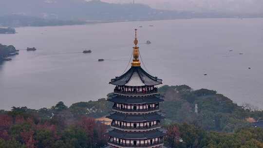 中国杭州西湖雷峰塔烟雨江南航拍