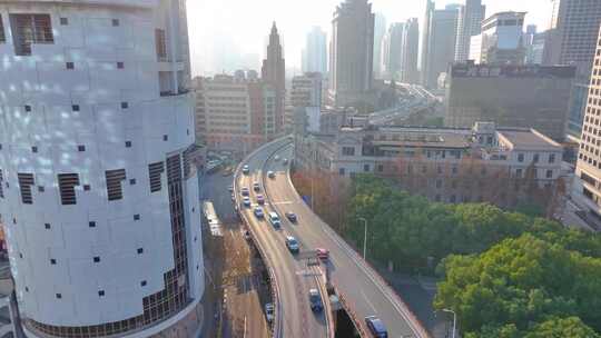 上海黄浦区延安东路航拍外滩车流交通风景城视频素材模板下载