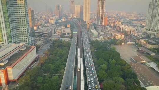 4k航拍城市交通发展高铁高架抬头视角