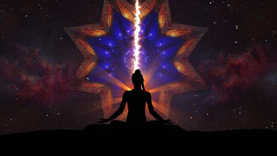 女孩用宇宙和曼陀罗动画做瑜伽。剪影女孩做