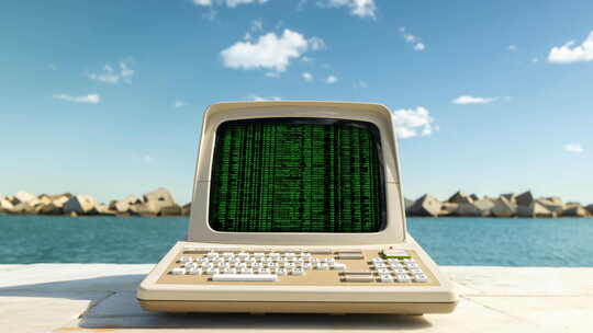 海边的计算机，屏幕上有代码和数据