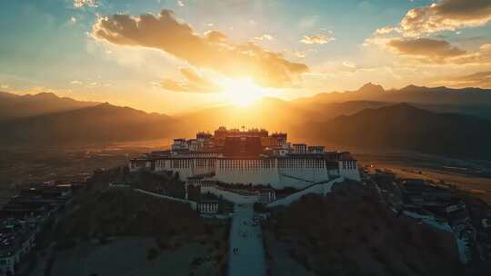 拉萨布达拉宫日落航拍全景