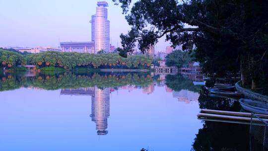 广州流花湖公园绿树湖泊全景唯美自然风光