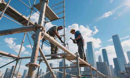 工人建筑工地搭建脚手架
