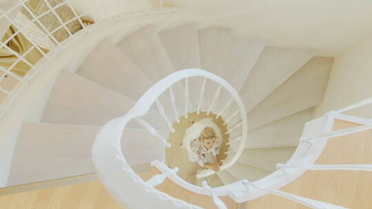 从楼梯上拍摄站在楼梯底部的新娘