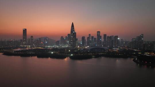 深圳南山区深圳湾日落晚霞夜景航拍