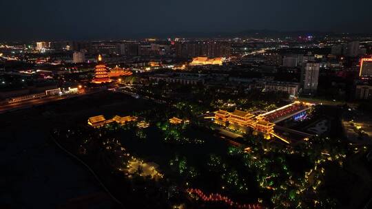 航拍九洲池夜景灯光秀古风