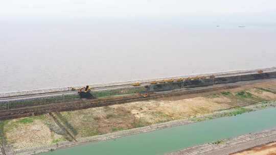 台州湾新区，海边堤坝，提升工程建设，航拍