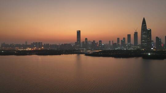 深圳南山区深圳湾日落晚霞夜景航拍