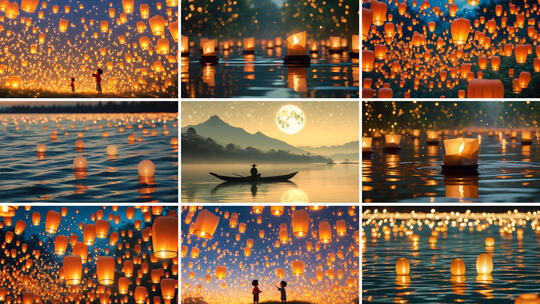 中秋孔明灯祈福 孔明灯放飞唯美夜景