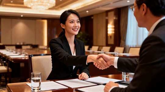 商务人士会议室握手合作场景