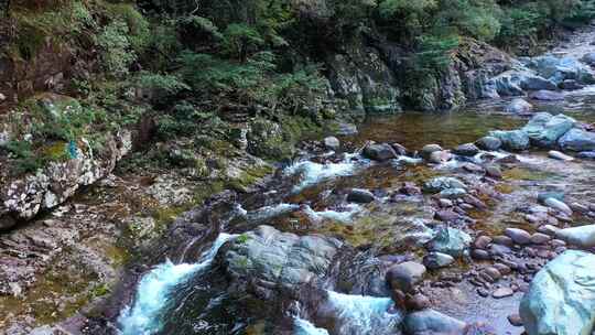 航拍武夷山桐木溪清澈溪水在岩石上流淌