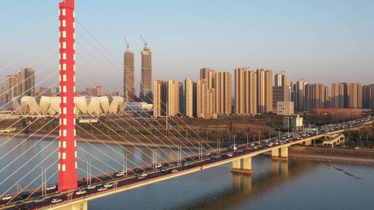杭州下午江边高架桥4K航拍